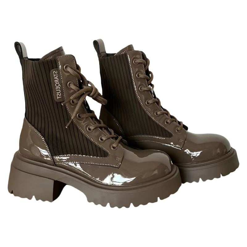 Mylu | LUSTER in Mocha Mousse | Women's Leather Fabric Blend Combat Boots | Round Toe Laced Platform Boots