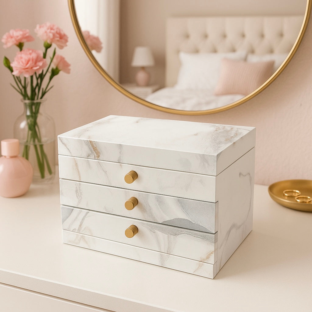 Marble Wood Jewelry 3-tier Box with Mirror, Unique Marble Art Exterior Design
