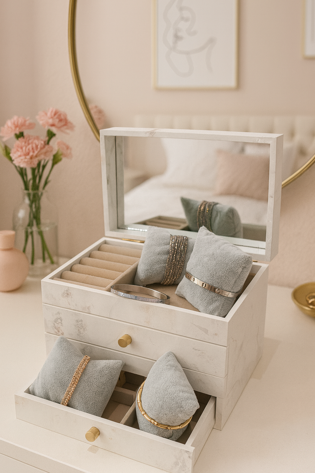 Marble Wood Jewelry 3-tier Box with Mirror, Unique Marble Art Exterior Design