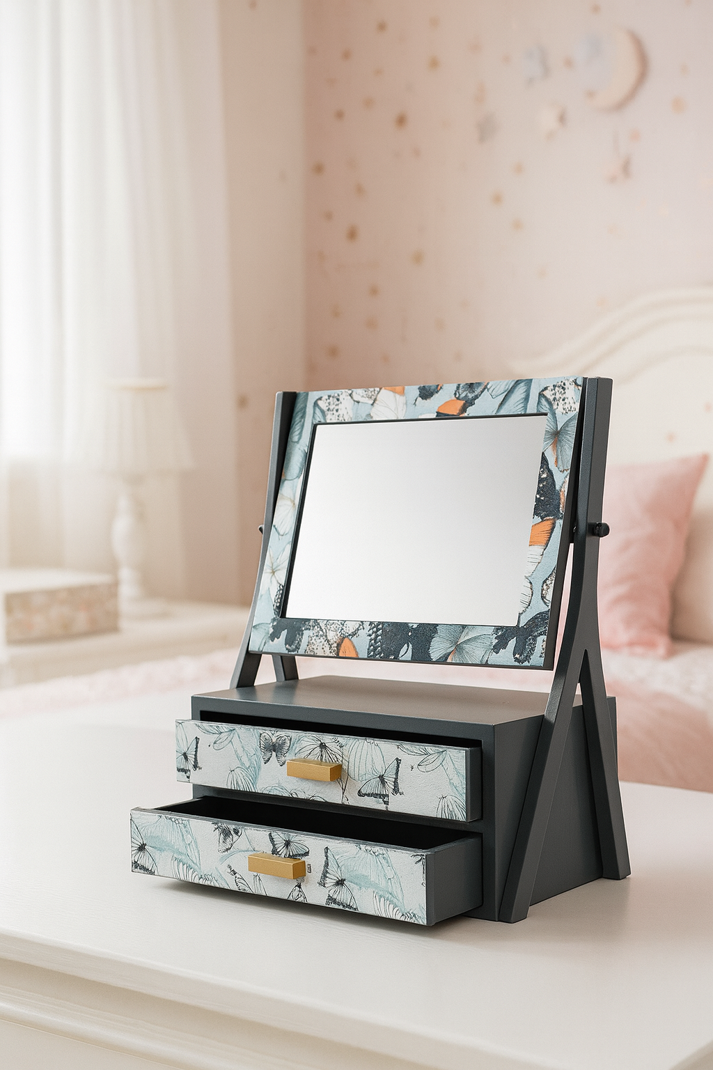 Butterfly Decoupage Wood Jewelry 2-tier Box with Mirror, Unique Paper Art Exterior Design