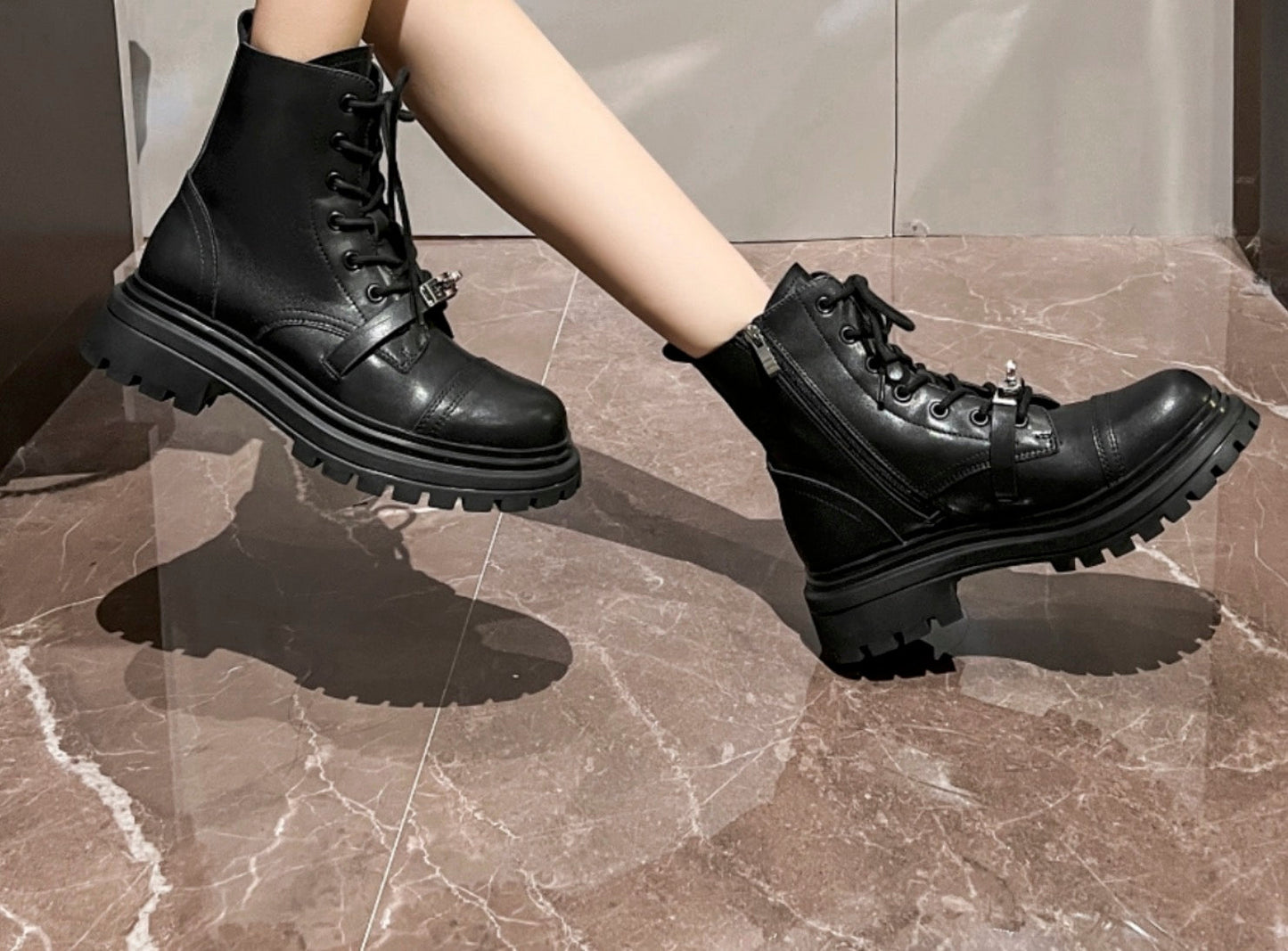 Mylu | DARING | Genuine Leather Combat Boots | Metallic Buckle Detail Ankle Boots | Round Toe Platform Sole