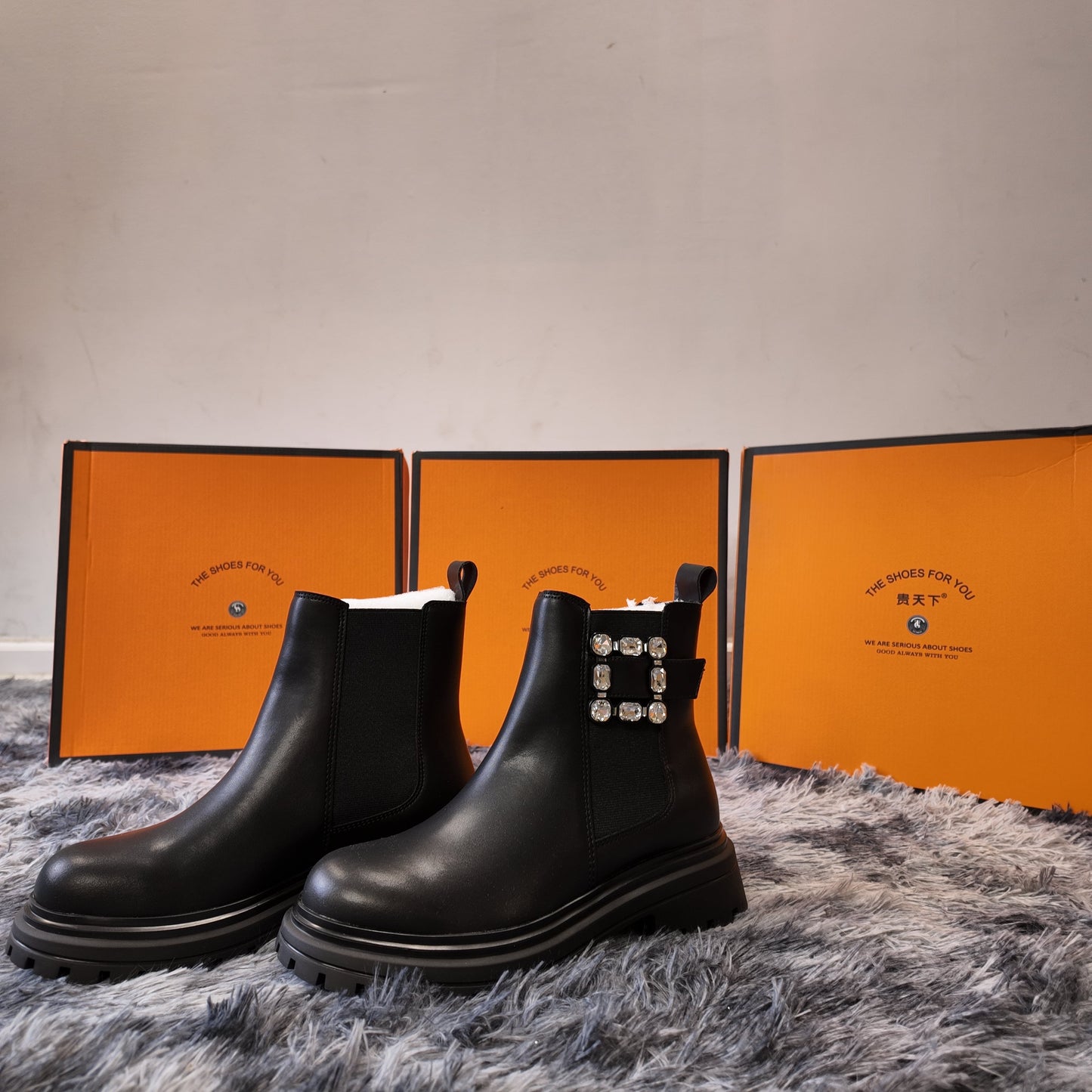 Mylu | STELLA | Genuine Leather Chelsea Boots | Square Crystal Decor Ankle Boots | Chunky Sole Chelsea Boots