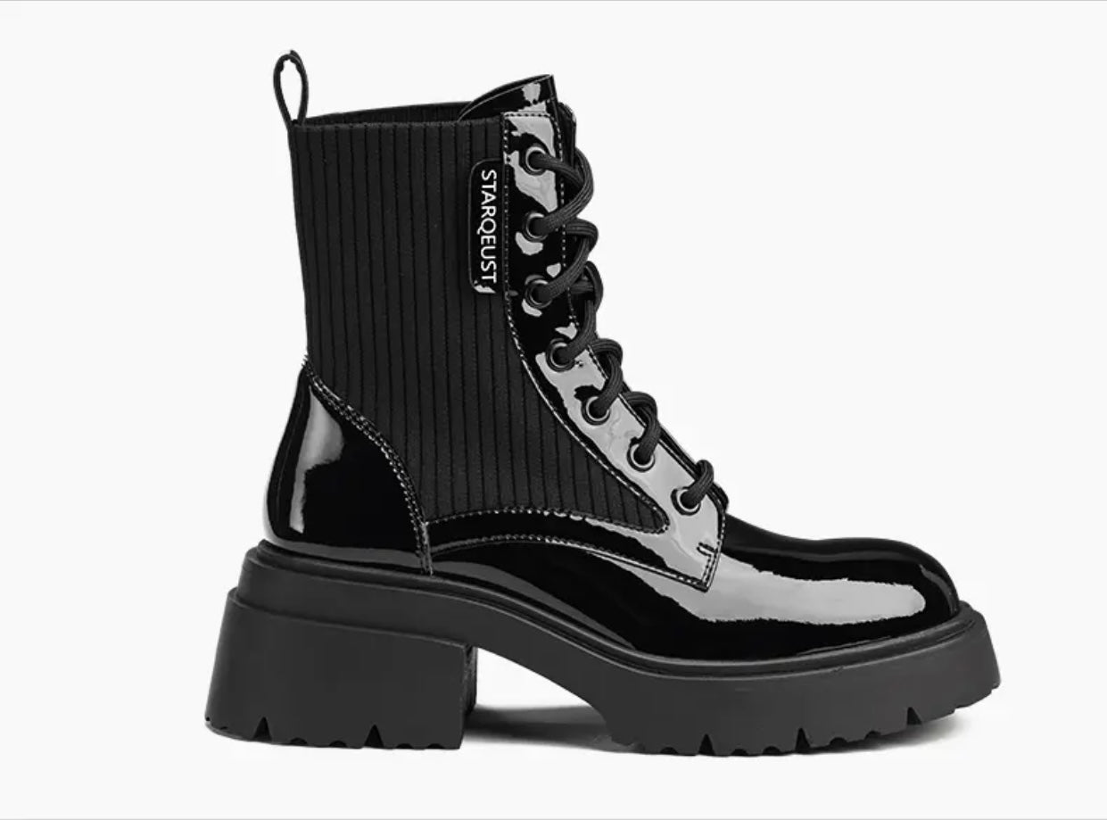 Mylu | LUSTER in Black | Women's Leather Fabric Blend Combat Boots | Round Toe Laced Platform Boots