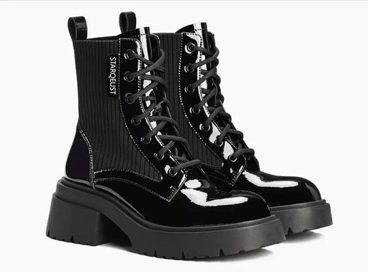 Mylu | LUSTER in Black | Women's Leather Fabric Blend Combat Boots | Round Toe Laced Platform Boots