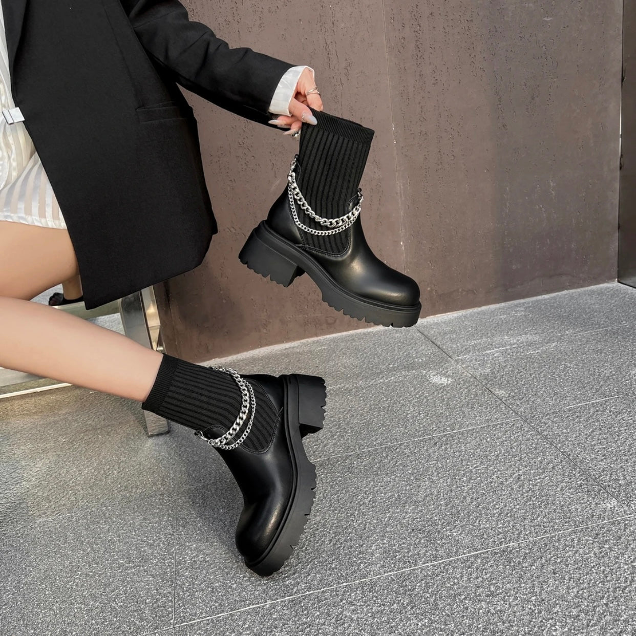 Mylu | BRIO in Black | Chelsea Boots | Metal Chain Decor Ankle Boots | Chunky Sole Chelsea Boots