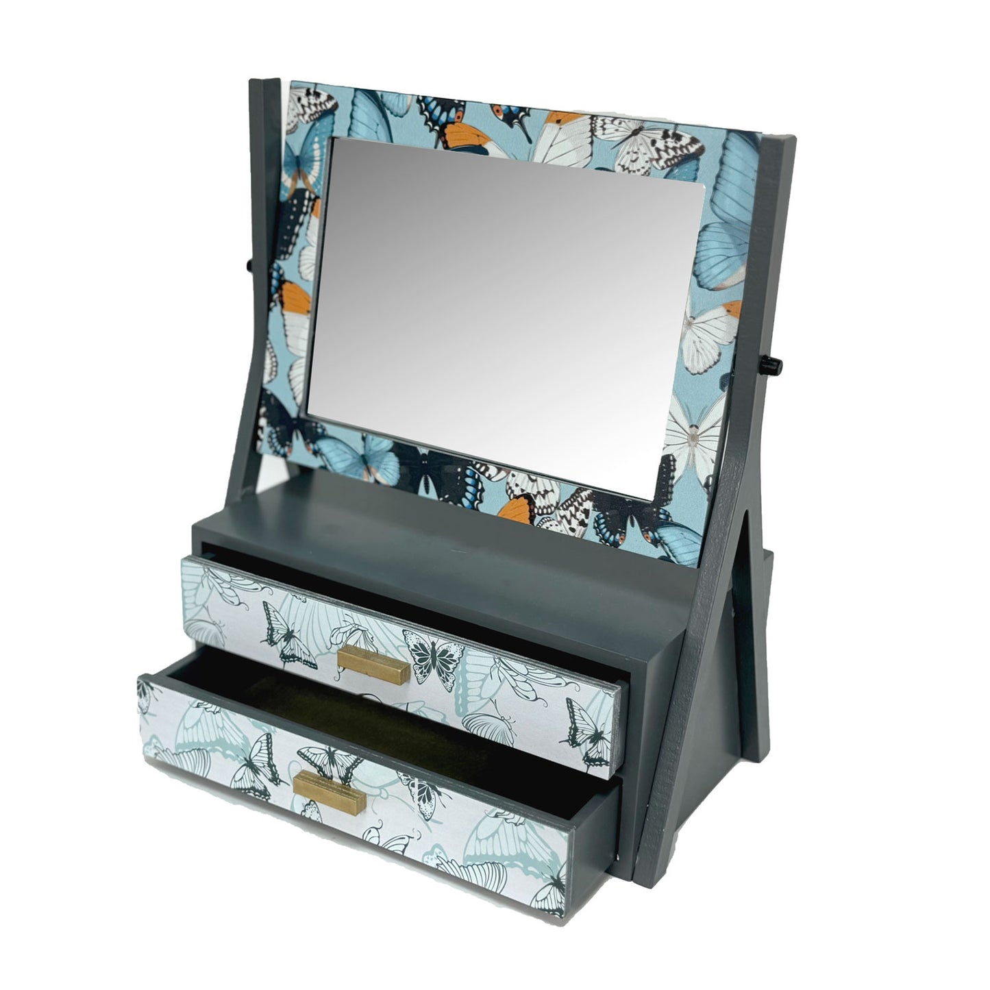 Butterfly Decoupage Wood Jewelry 2-tier Box with Mirror, Unique Paper Art Exterior Design