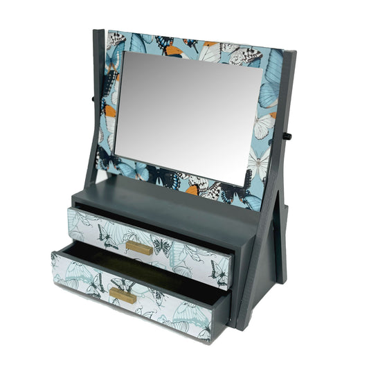 Butterfly Decoupage Wood Jewelry 2-tier Box with Mirror, Unique Paper Art Exterior Design