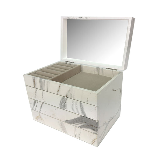 Marble Wood Jewelry 3-tier Box with Mirror, Unique Marble Art Exterior Design