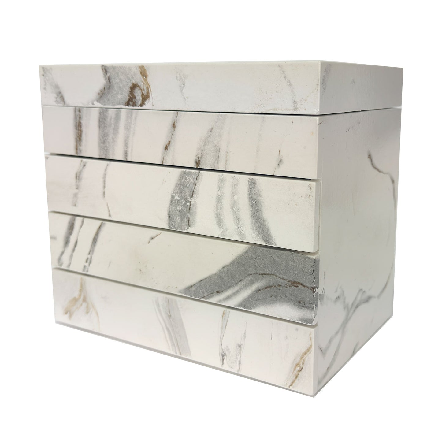 Marble Wood Jewelry 3-tier Box with Mirror, Unique Marble Art Exterior Design